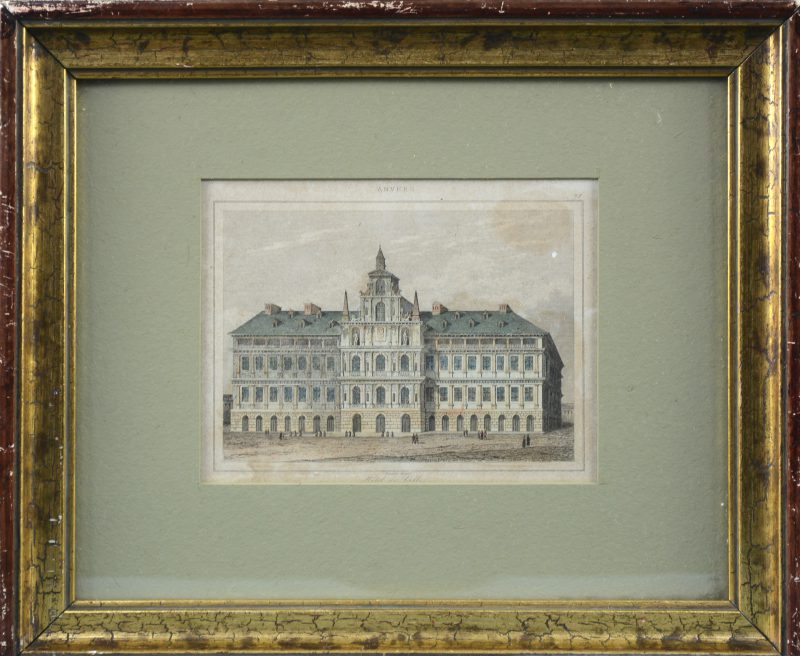 “Stadhuis Antwerpen”. Een ingekleurde gravure.