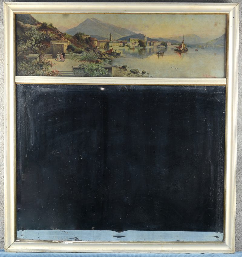 Een rechthoekige spiegel. Bovenaan een lithografie met Italiaans landschap.