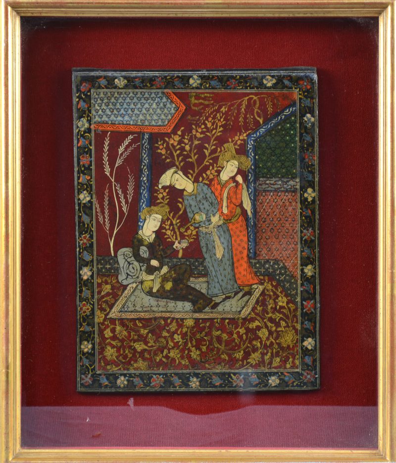 “Perzische scène”. Een antiek olieverfschilderij op paneel.