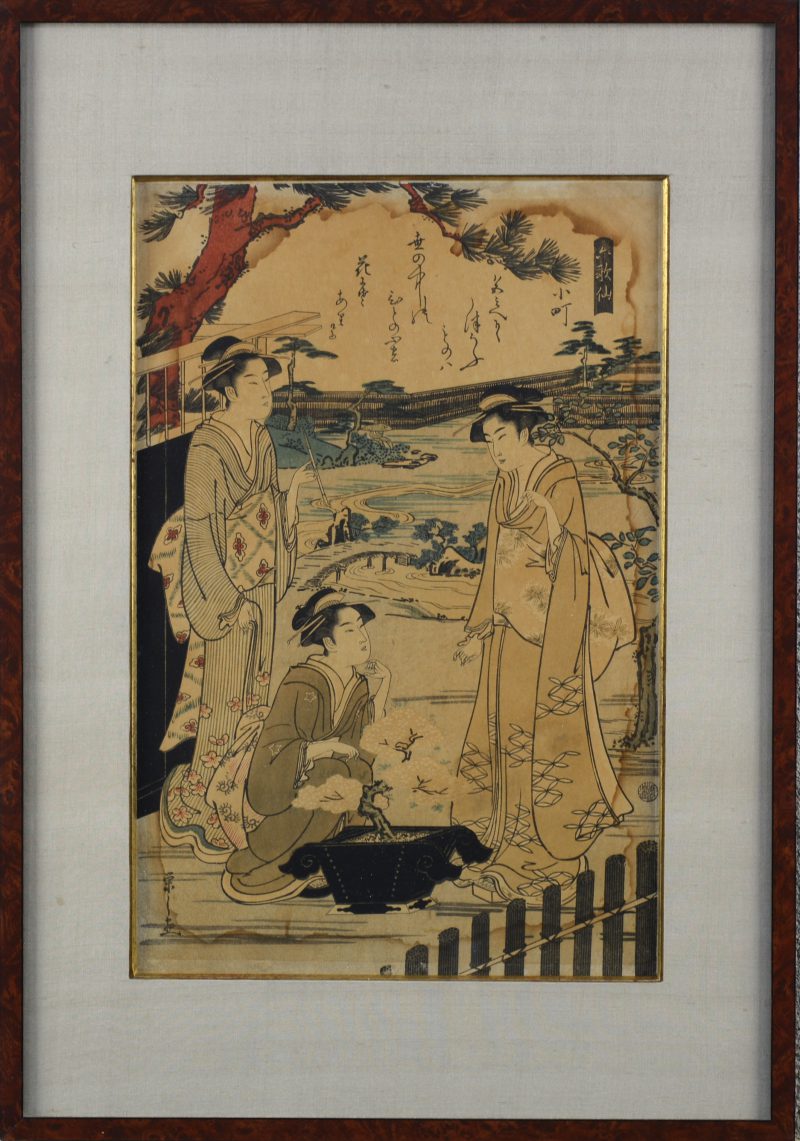 “Drie geisha’s in een landschap”. Ingekleurde Japanse houtsnede. Enige vochtschade.
