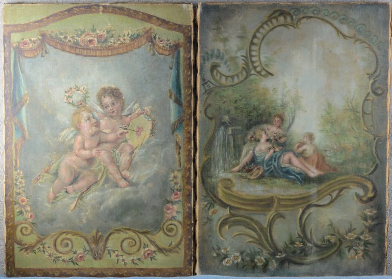 Twee wandversieringselementen op doek in de stijl van de XVIIIde eeuw. Wellicht einde XIXde eeuw. Het ene met putti, het andere met een idyllische scène. Slijtage.