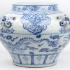 Een vaas van Chinees porselein met een blauw op wit decor van draken en vogels en versierd met hondenkopjes in reliëf.
