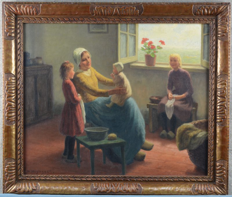 “Moeder met kinderen in een landelijk interieur”. Olieverf op doek. Gesigneerd.