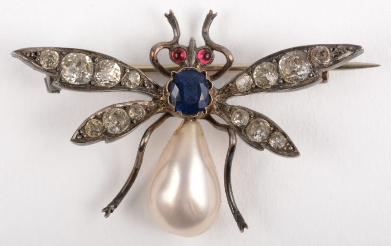 Een fantasiebroche in de vorm van een insect. Versierd met een parel, rode, blauwe en witte stenen. Begin XXste eeuw.