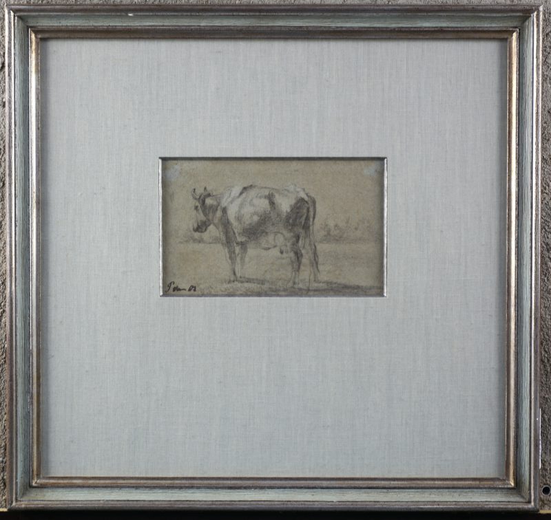 “Koe”. Een met aquarel gehoogde tekening op papier. Gesigneerd. XIXe eeuw.