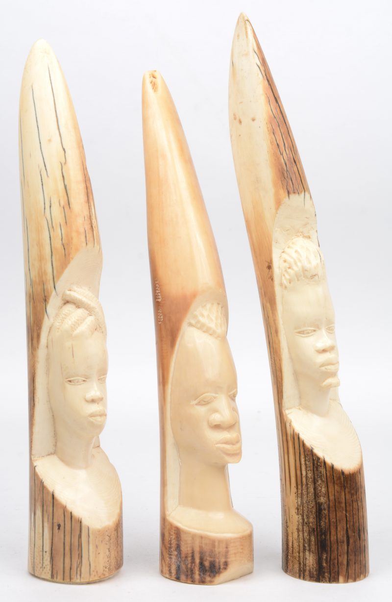 Drie Afrikaanse hoofdjes van gescupteerd ivoor.