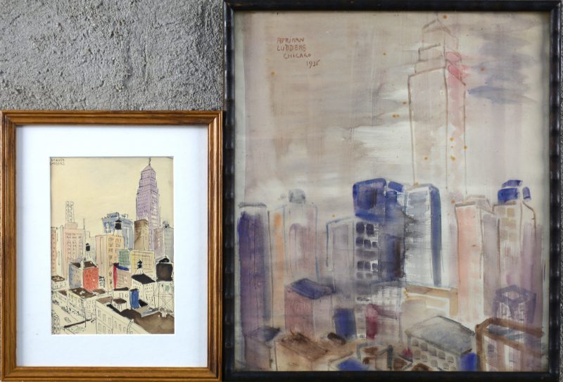 “Chicago skyline”. Twee werkjes, resp. aquarel en gemengde techniek op papier. Beide gesigneerd.