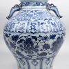 Een vaas van Chinees porselein met een blauw op wit decor van bloemen en faveldieren en met handvatten in de vorm van vissen.