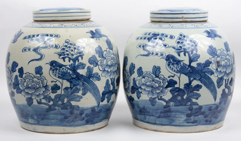 Een paar gemberpotten van Chinees porselein met een blauw op wit decor van bloemen en vogels.
