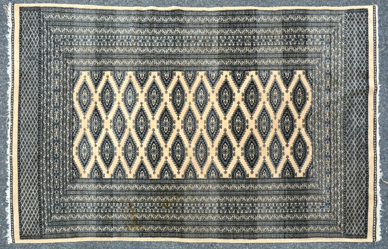 Een handgeknoopt Pakistaans wollen tapijt.