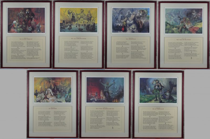 Zeven ingekaderde bladen uit de reeks “De zeven visioenen van Uilenspiegel” met tekst van Bert Peleman en illustraties van Henri Lievens. 1981.
