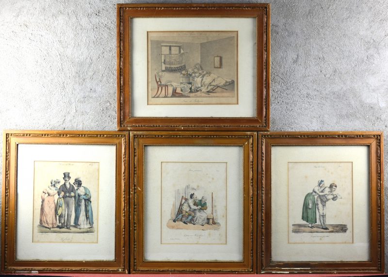 Vier ingelijste en ingekleurde prenten. Drie uit de reeks “Scènes de Société” door Edme Jean Pigal en één andere. XIXde eeuw.