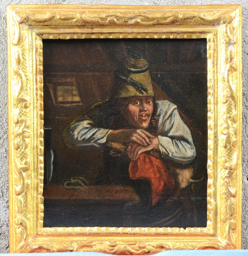 “Man met biggetje”. Olieverf op paneel. Vlaamse school, XVIIe eeuw.