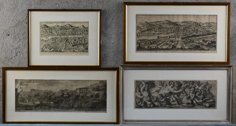 Een lot van vier diverse oude gravures, waarvan één allegorie op de oogst door Le Blond naar Heinze, evenals drie zichten op Firenze en Pisa. Enkele beschadigingen.