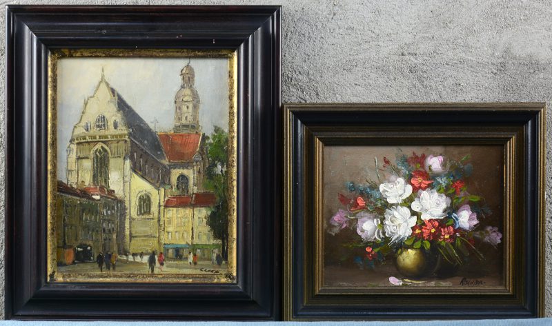 “Sint-Andries”. Olieverf op doek. Gesigneerd Claes (30 x 24 cm). En “Bloemstilleven”. Olieverf op doek. Gesigneerd Rainborn (18 x 24 cm).
