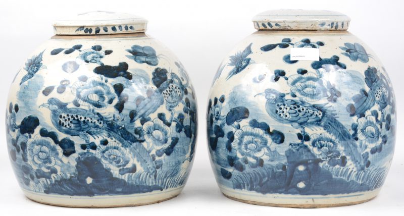 Een paar gemberpotten van Chinees porselein met een blauw op wit decor van bloemen en vogels.