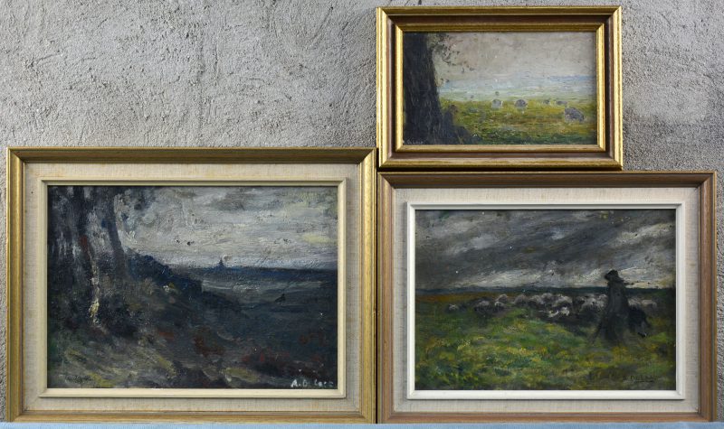 “Landschap”; “Herder met kudde” (X2). Drie olieverfschilderijtjes op paneel. Allen gesigneerd.