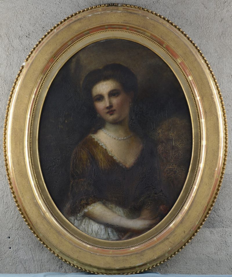 “Vrouwenportret”. Olieverf op doek. Vroeg XIXe eeuw. Te restaureren.