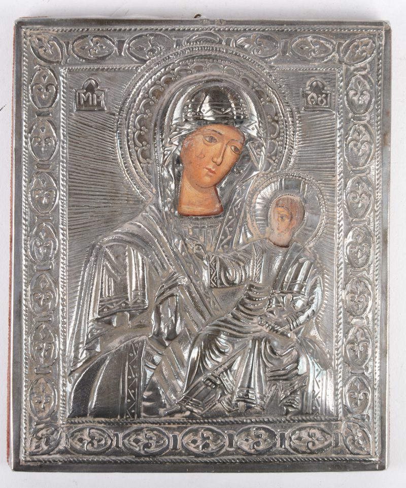 “Moeder Gods van Tikhvin”. Een kleine icoon met zilveren riza. 925/1000.