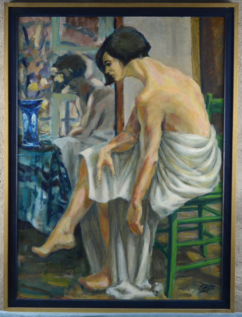 “Vrouw in laken bij de spiegel”. Olieverf op paneel. Gesigneerd.