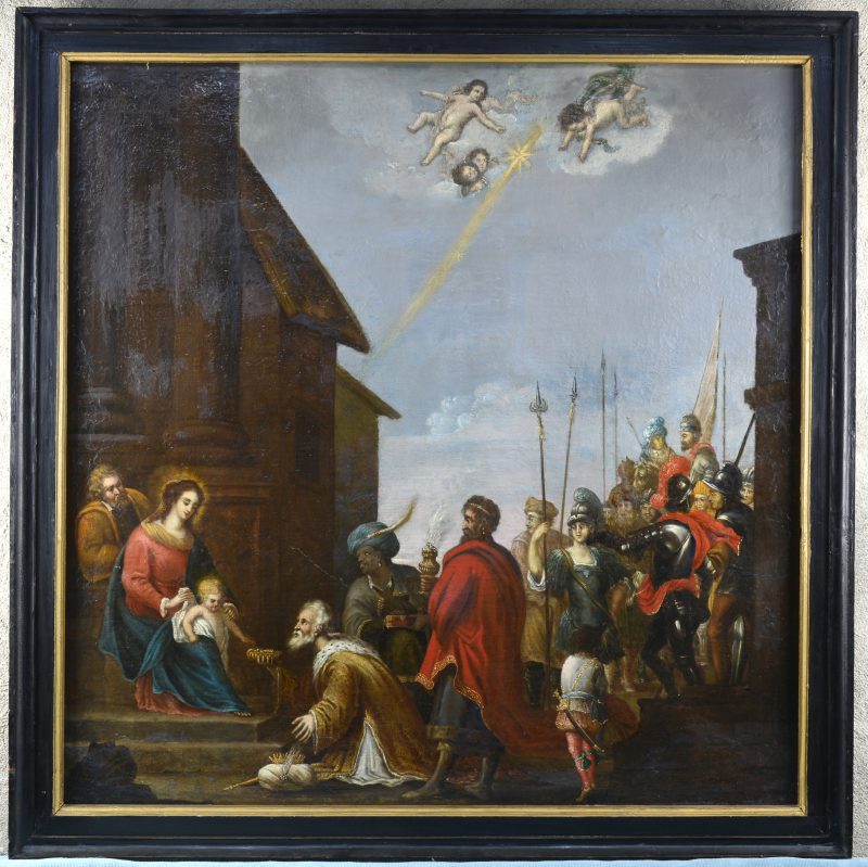 “De aanbidding der koningen”. Olieverf op doek. Vlaamse school, eind XVIIe eeuw.