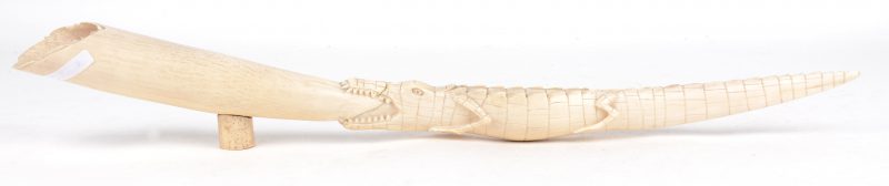 Een gebeeldhouwde Afrikaanse slagtand in de vorm van een krokodil.