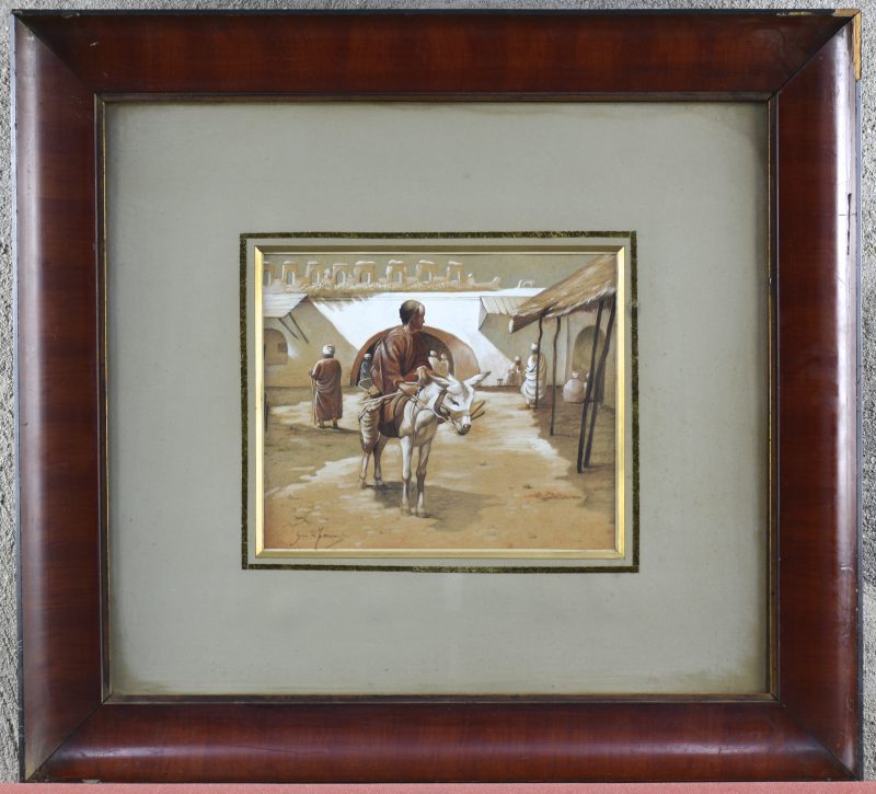 "Koopman op ezel". Aquarel op papier. Gesigneerd Gustave Lorain (?). XIXe eeuw.