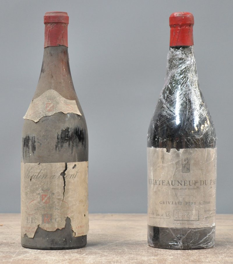 Lot rode wijn        aantal: 2 Bt.    Grivelet Père & Fils A.C. Chateauneuf-du-Pape     1947  aantal: 1 Bt.    Moulin à Vent A.C.   Le Roy   1959  aantal: 1 Bt.