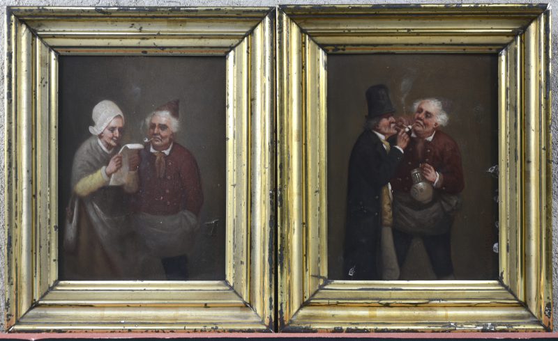 “De pijprokers”. “De brief”. Twee olieverfschilderijen op paneel. Beide gesigneerd. XIXe eeuw.