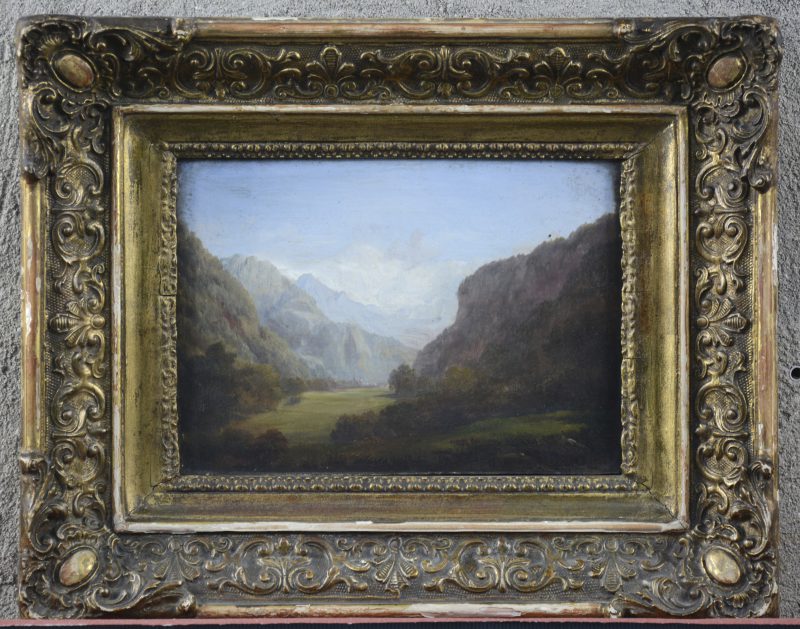 “Romantisch landschap”. Olieverf op paneel. Gesigneerd rechts onderaan. XIXe eeuw.