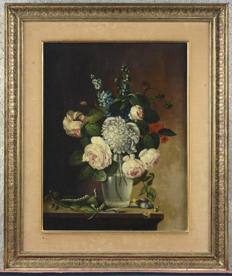 “Stilleven met bloemen”. Olieverf op doek. XIXe eeuw. Herdoekt.