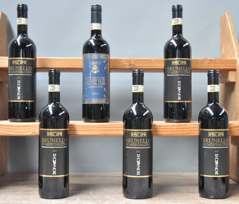 Lot rode wijn        aantal: 6 Bt.    Bonacchi D.O.C. Brunello di Montalcino    O.D. 2015  aantal: 5 Bt.    Vinispa D.O.C. Brunello di Montalcino     2012  aantal: 1 Bt.