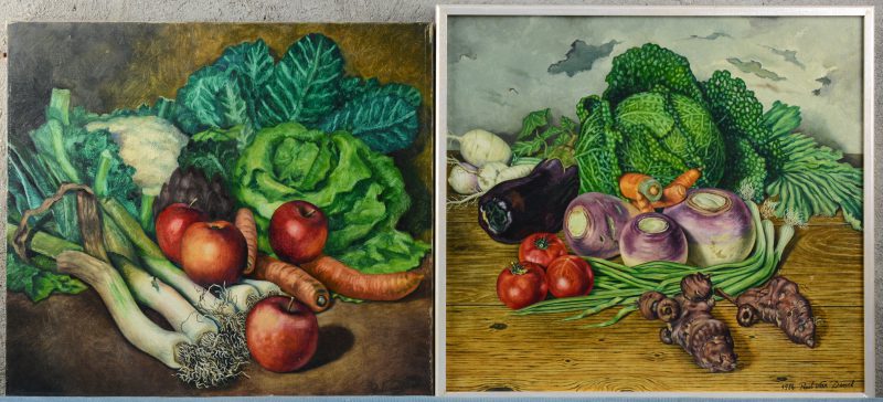 “Een paar stillevens met groenten”. Olieverf op doek. Gesigneerd en gedateerd 1989.