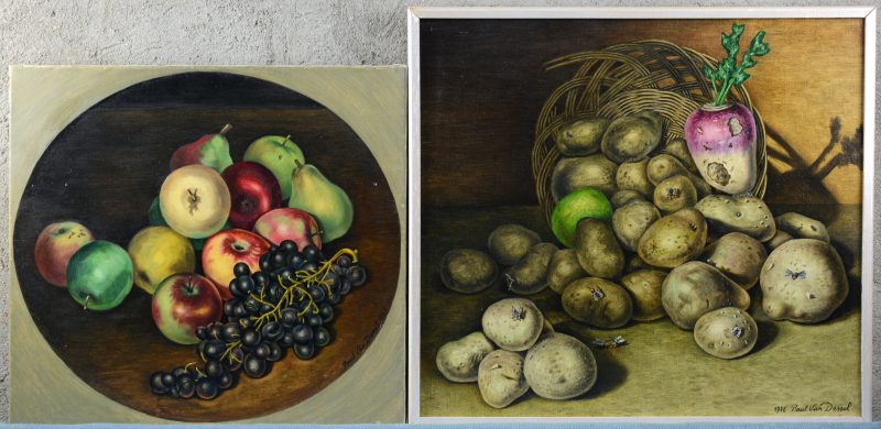 “Schuld of onschuld” (44 x 49 cm) en “Stilleven met fruit” (40 x 44 cm). Twee stillevens op doek. Gesigneerd en gedateerd 1986 en 1987.