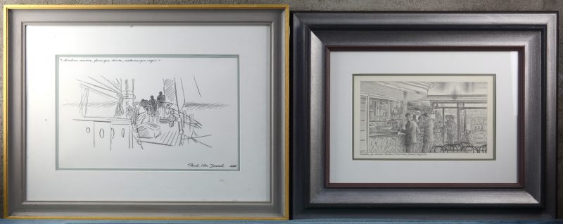 “Modum servare, finemque tenere...” (26 x 44 cm) en “Wachten op Amélie (Poulain)” (17 x 30 cm). Twee tekeningen gedateerd 2005 en 2002.