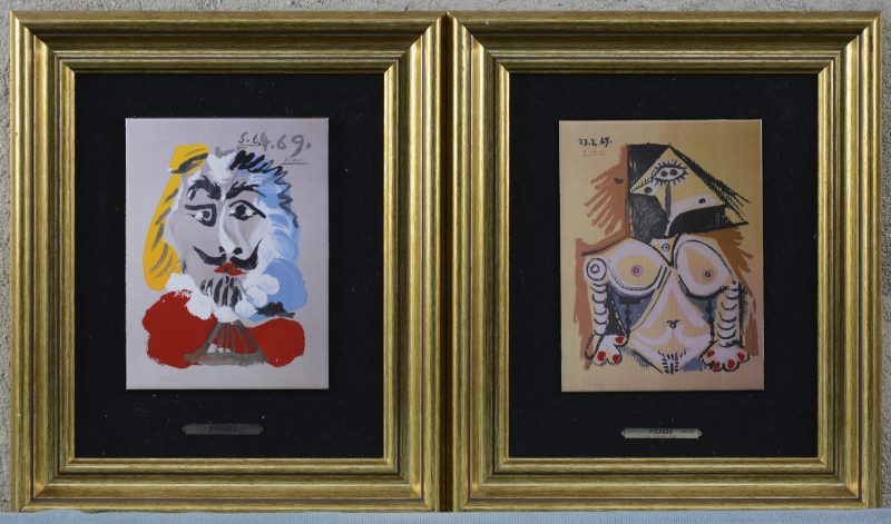 “Le mousquetaire Bleu” & “La femme nue”. Twee lithografieën naar werken van Pablo Picasso, uitgegeven bij Artco, France. Met certificaat op de rugzijde.