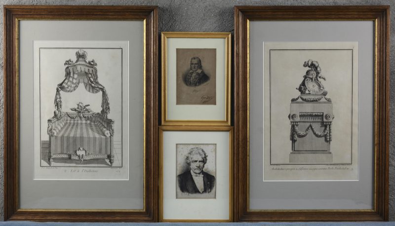 Een lot van vier gravures, bestaande uit twee XVIIIe eeuwse architectuurprenten (34 x 23,5 cm), een portret van André-Modeste Grétry (met handtekening?) en een portret van karel Rogiers, gesigneerd door Léon Brunin. (14,5 x 10,5 cm)