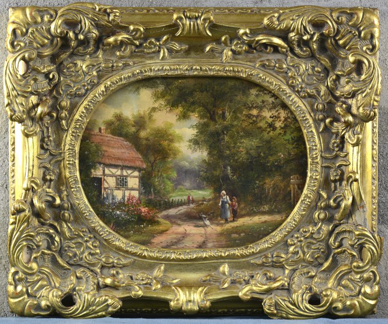 “Personages in een geänimeerd landschap”. Olieverf op paneel. Naar de XIXe eeuw.