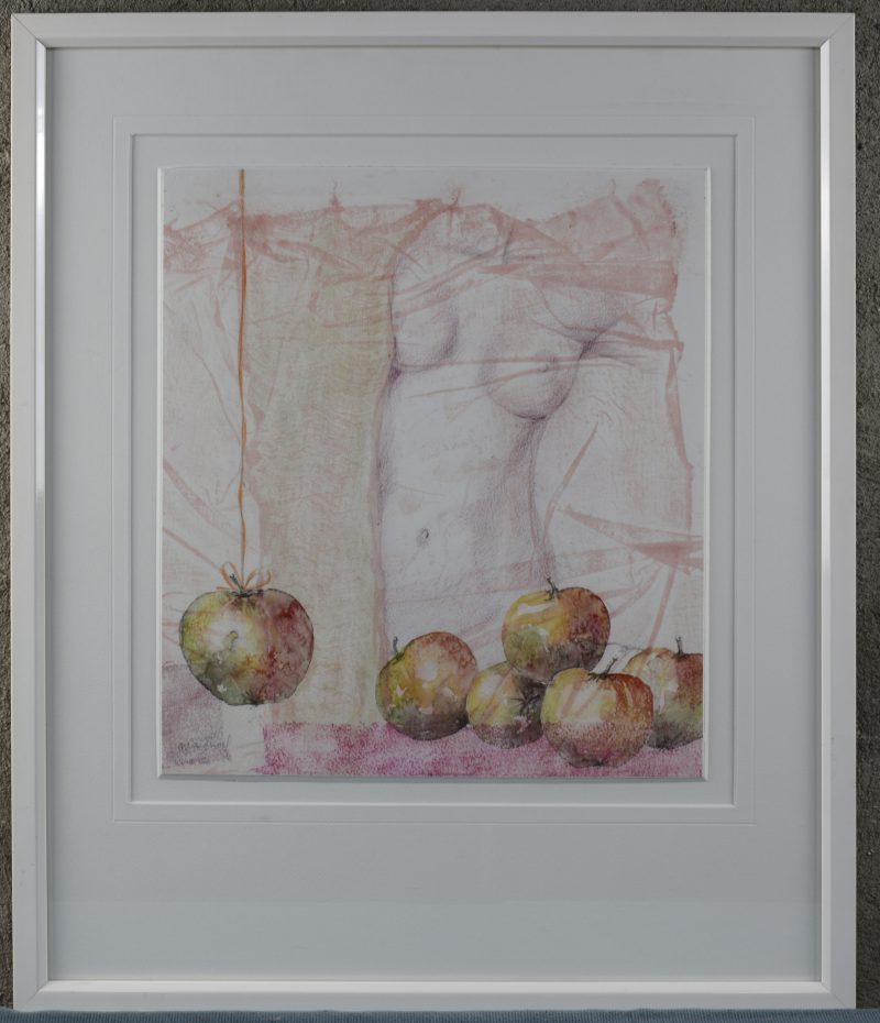“Stilleven met appels en naakt op de achtergrond.” Aquarel op papier. Gesigneerd.