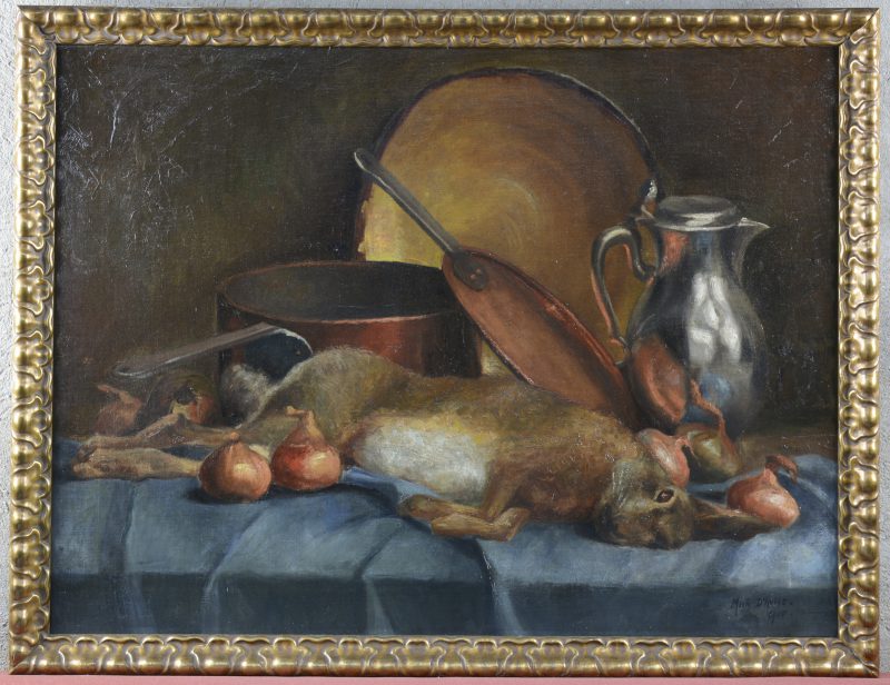 “Stilleven met haas” Olieverf op doek. Gesigneerd en gedateerd 1900.