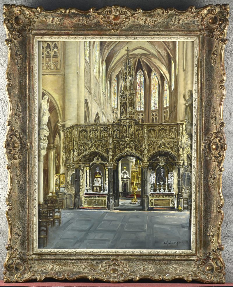 “Interieur van de Sint Gummaruskerk te Lier”. Olieverf op doek. Gesigneerd.