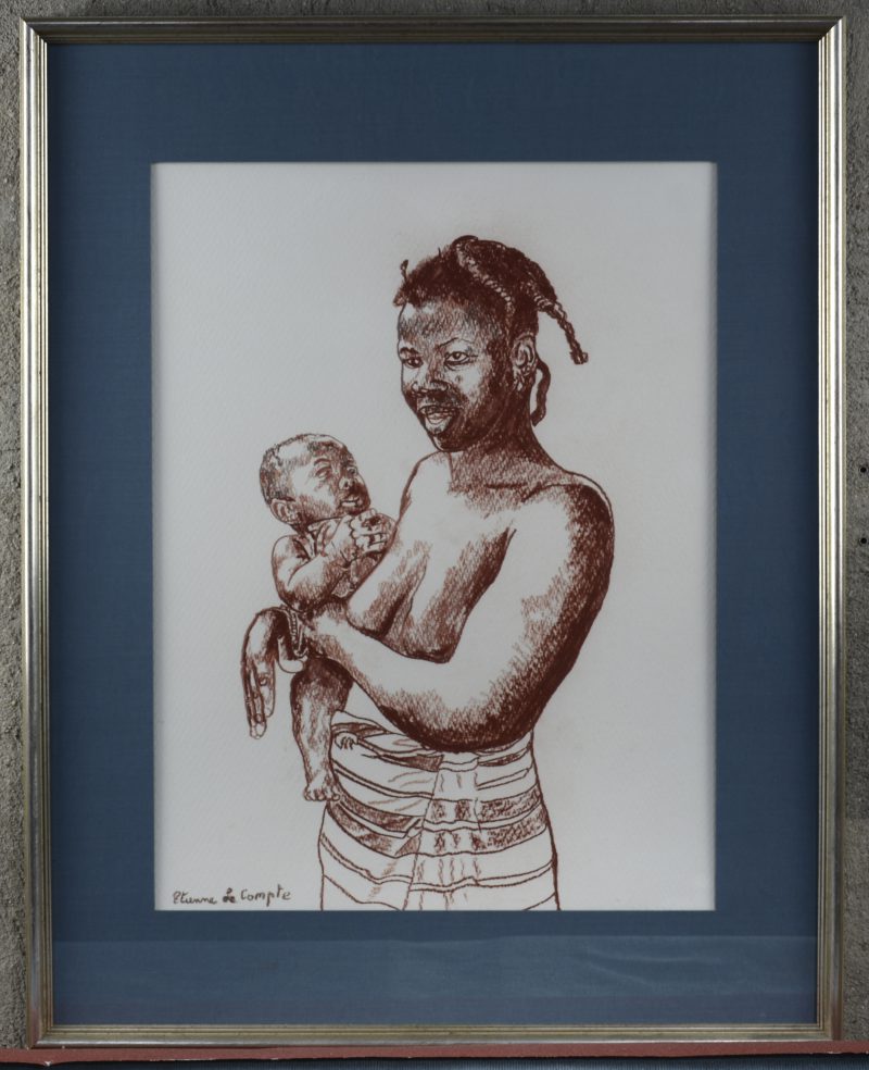 “Moeder met kind”. Een tekening van roodkrijt op papier. Gesigneerd.