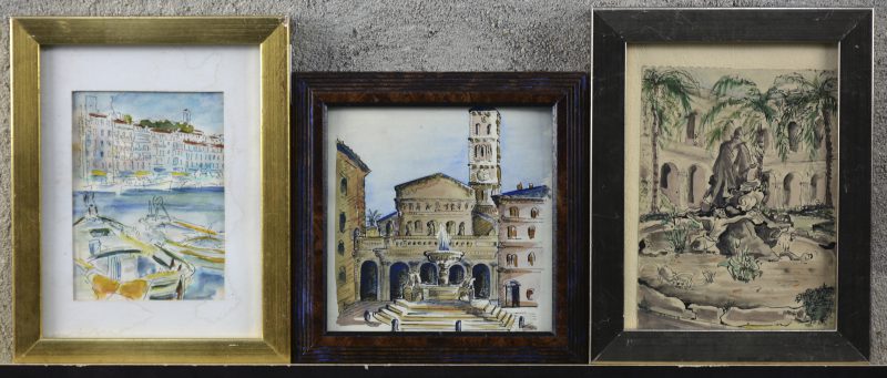 Een lotje van drie Italiaanse zichten, aquarel en inkt op papier.