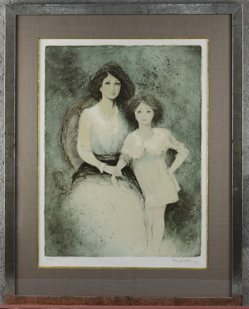 “Moeder en dochter”. Een lithografie. Gesigneerd buiten de plaat.