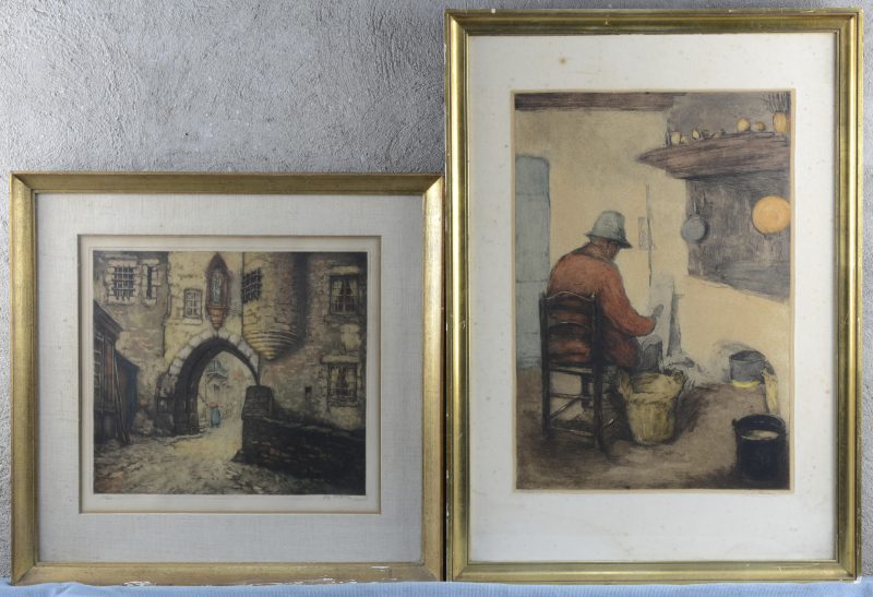 “Man in interieur”. & “Poort” Twee kleurenetsen. Resp. gesigneerd Louis Peeters en Alfred Van Neste buiten de plaat en beide genummerd op 350 exemplaren.