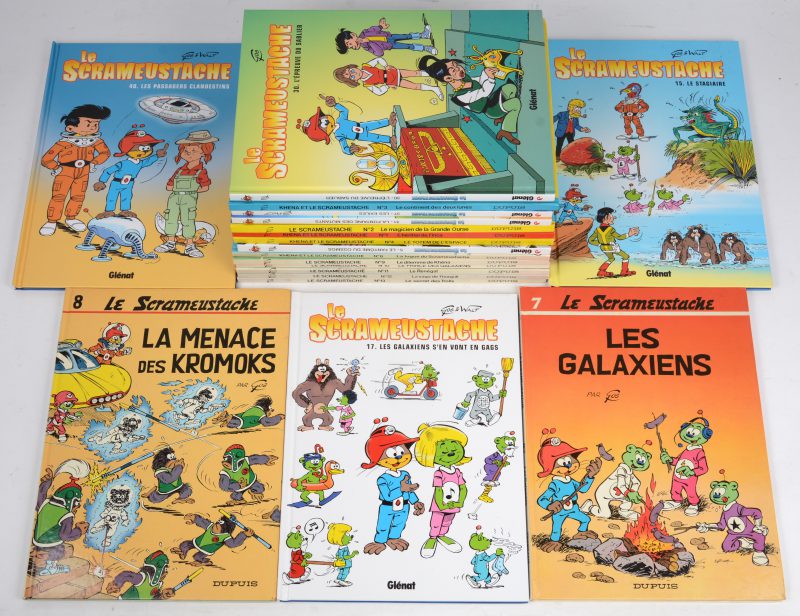 “(Khéna et) Le Scrameustache”. 19 albums. Ed Dupuis & Glénat (1973-2010). Hard cover. Nrs 1 tot 13, 15, 17, 30, 31,37, 40. Als nieuw.