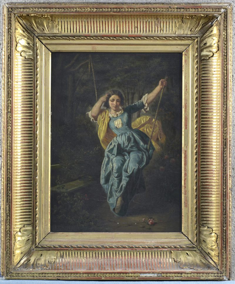 “Jonge vrouw op schommel”. Olieverf op doek. Gesigneerd links onderaan. XIXe eeuw. Vernis te vervangen.