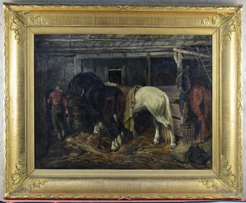 “Paarden in de stal”. Olieverf op doek. Gesigneerd.