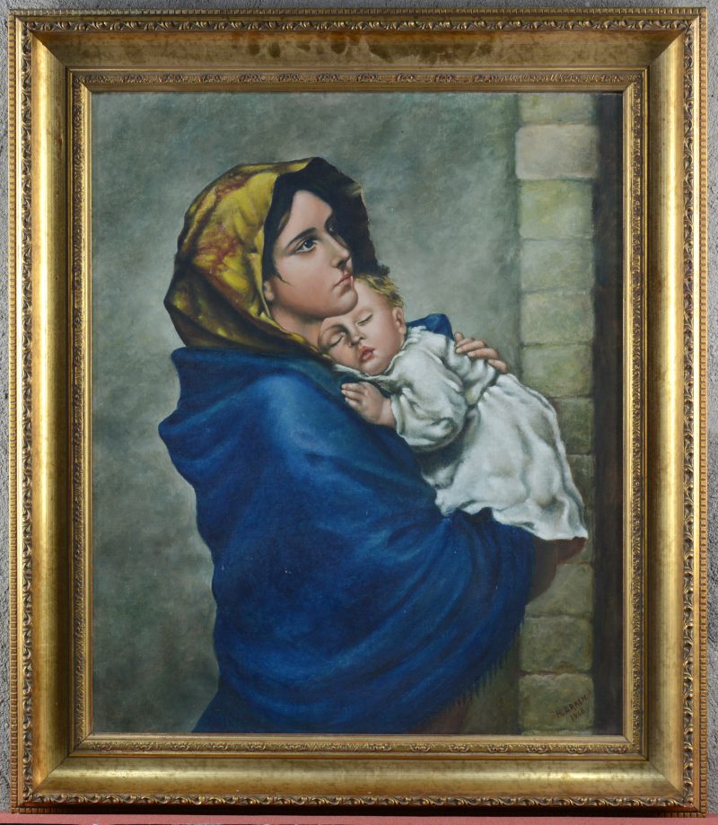 “Moeder en Kind naar Roberto Ferruzzi”. Olieverf op doek. Gesigneerd.