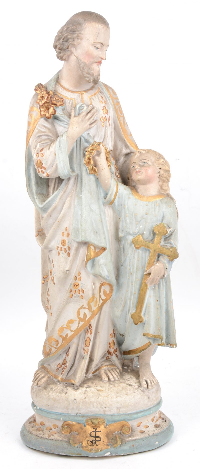 “Sint Jozef met kind”. Een gepolychromeerd plaasteren groep.